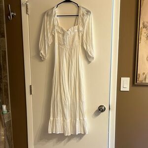 White Peasant Midi Dress with Ruffle Neckline